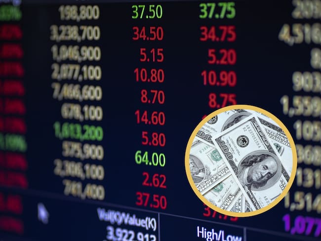 Gráfico de mercado de valores en pantalla digital. En el círculo, imagen de dólares (GettyImages)
