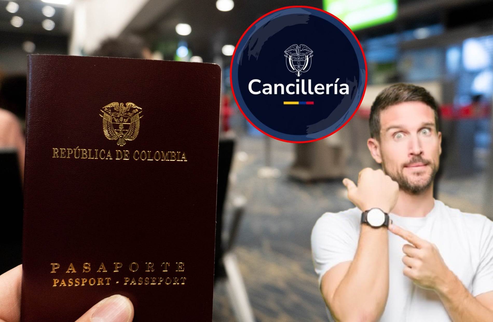 Pasaporte colombiano, logo Cancillería e imagen de referencia. Fotos: Getty Images / X @CancilleriaCol