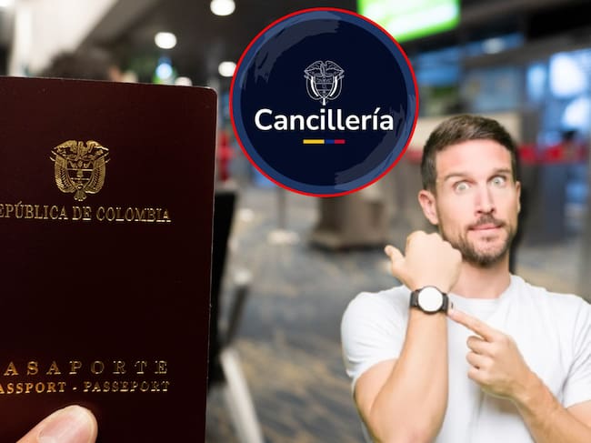 Pasaporte colombiano, logo Cancillería e imagen de referencia. Fotos: Getty Images / X @CancilleriaCol