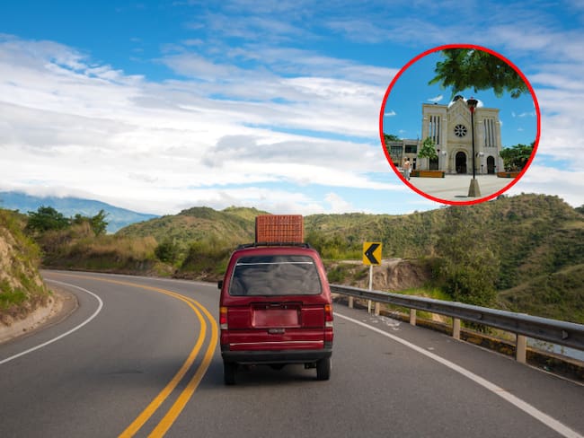 Carro rojo en carretera, e iglesia de Carmen de Apicalá. (Getty Images, Gobernación de Tolima)