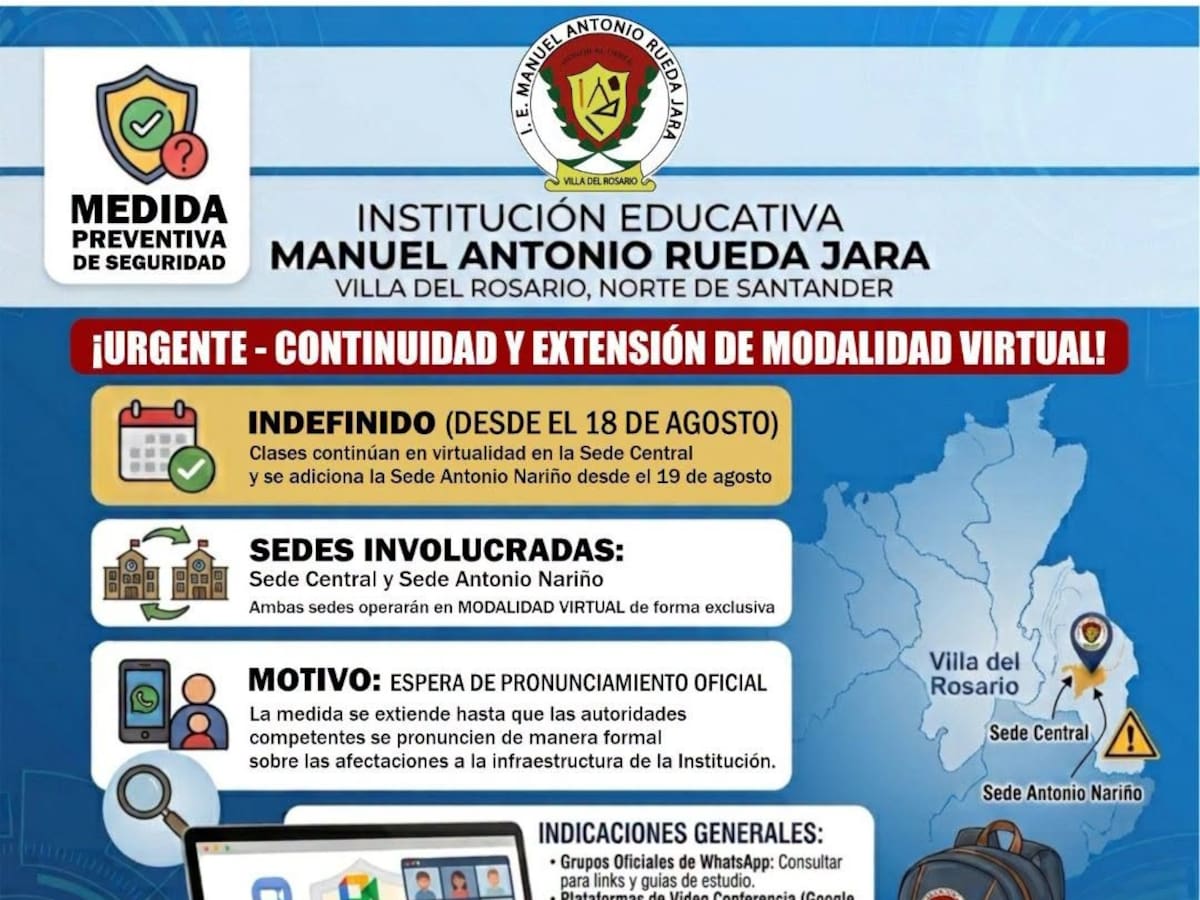 Colegio de Villa del Rosario pasa a clases virtuales por daños en su infraestructura física