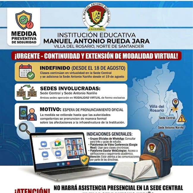 Colegio de Villa del Rosario pasa a clases virtuales por daños en su infraestructura física.