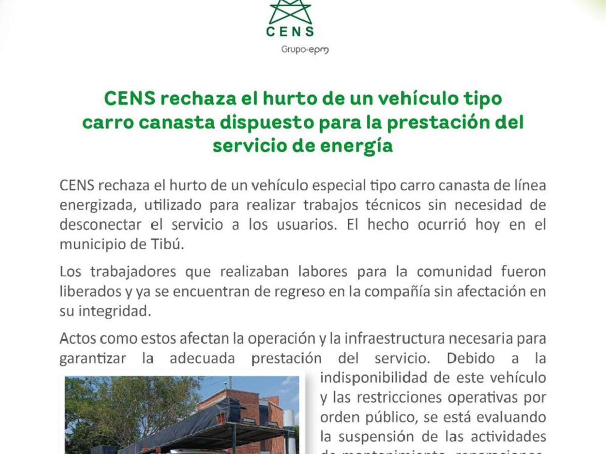 Hurtan vehículo especializado de empresa de energía en el Catatumbo