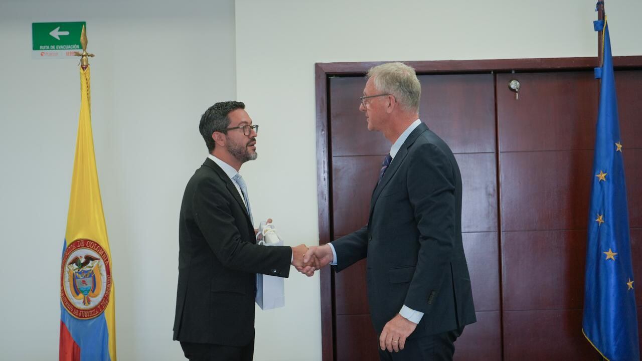 El viceministro de Política Criminal y Justicia Restaurativa, Camilo Umaña, junto con el director del Observatorio Europeo de Drogas (OEDT), Alexis Goosdeell.