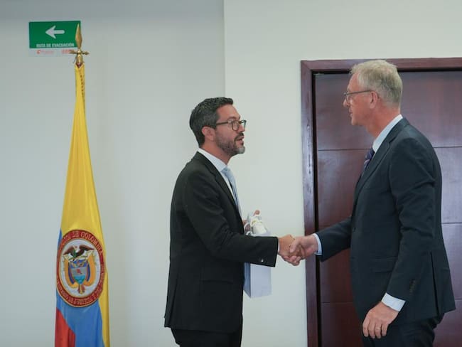 El viceministro de Política Criminal y Justicia Restaurativa, Camilo Umaña, junto con el director del Observatorio Europeo de Drogas (OEDT), Alexis Goosdeell.