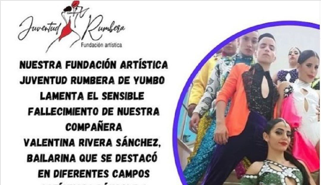 La academia de salsa, Juventud Rumbera, donde se preparaba Valentina Rivera lamentó en sus redes sociales la muerte de la joven.