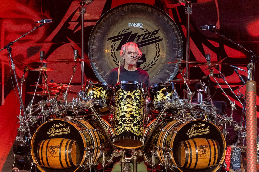 SALINA, KANSAS - AUGUST 06: Frank Beard of ZZ Top performs at Stiefel Theatre on August 06, 2025 in Salina, Kansas. (Photo by Gary Miller/Getty Images)