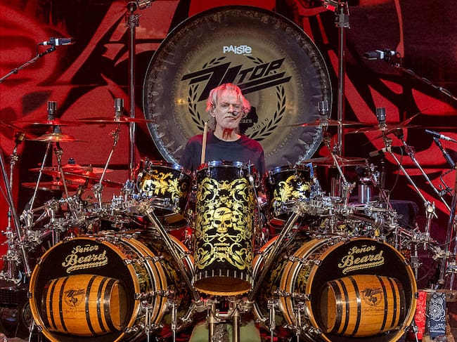 SALINA, KANSAS - AUGUST 06: Frank Beard of ZZ Top performs at Stiefel Theatre on August 06, 2025 in Salina, Kansas. (Photo by Gary Miller/Getty Images)