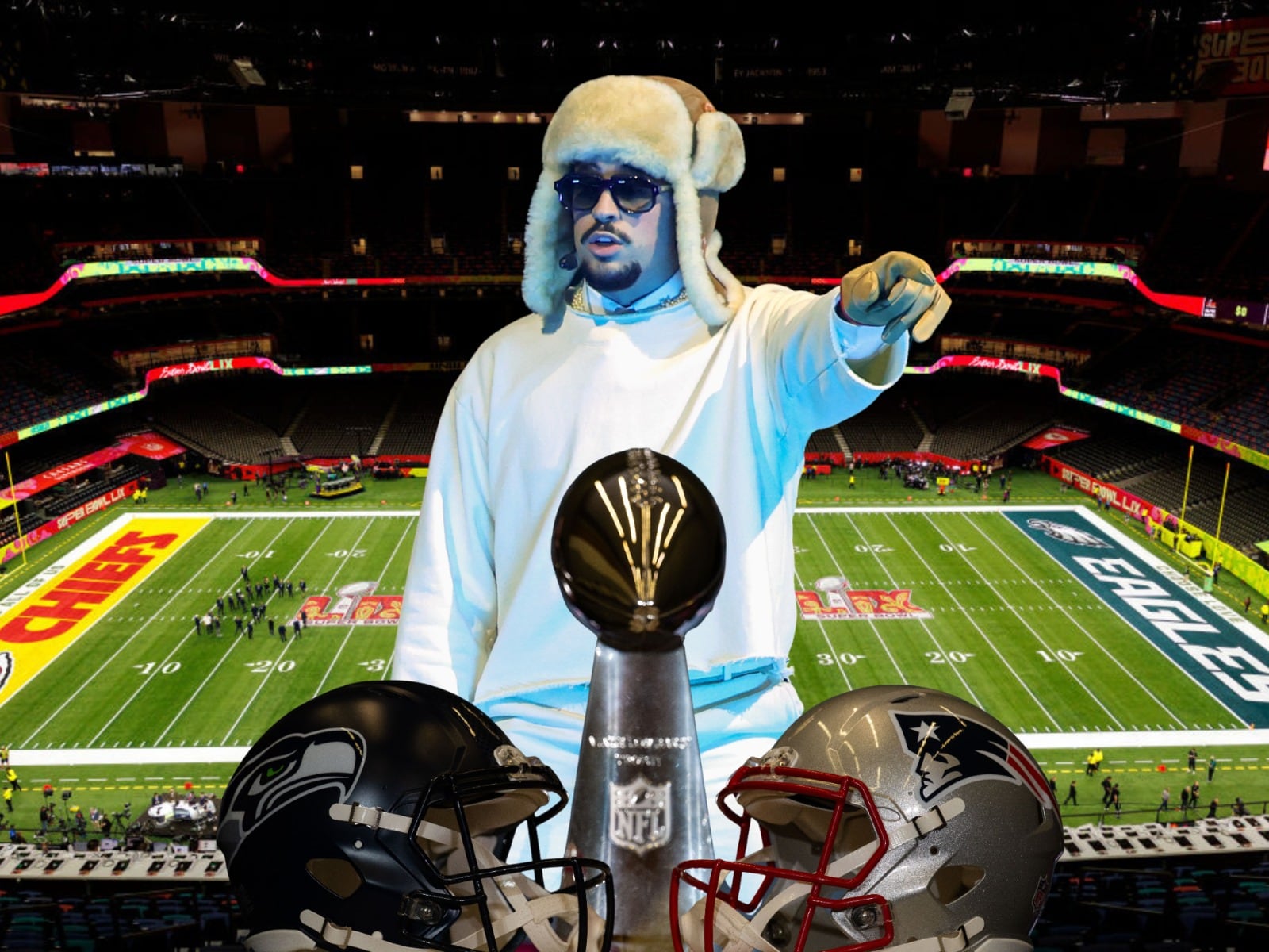 Bad Bunny junto a los cascos de los Patriots y los Seahawks. También se ve el trofeo Trofeo Vince Lombardi. Fotos: Getty Images.