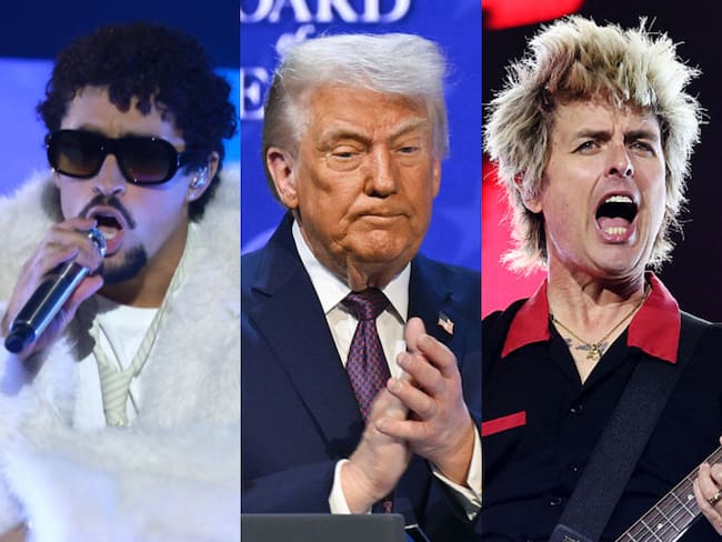 Bad Bunny, Donald Trump y Billie Joe Armstrong. Foto: (Photo by Kevin Mazur/Getty Images for iHeartRadio) / (Photo by Harun Ozalp/Anadolu via Getty Images) / (Photo by Kevin Mazur/Getty Images for Coachella)