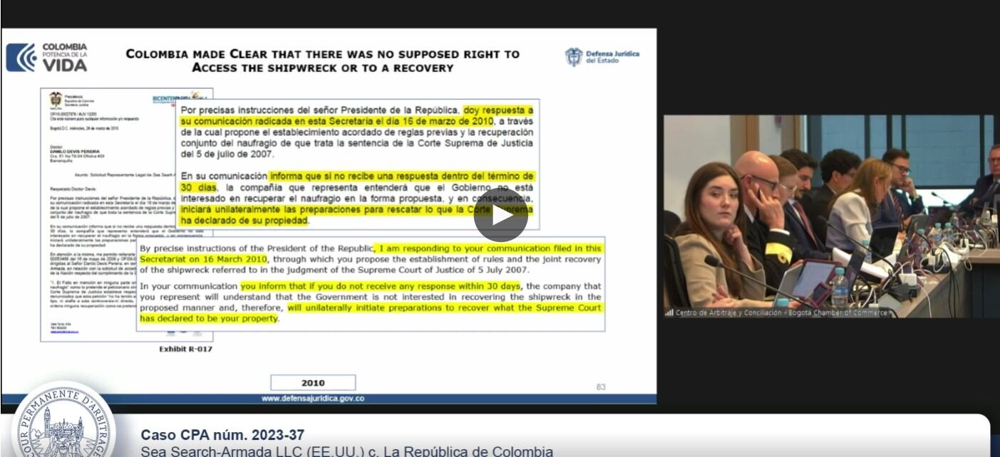 Audiencia en un tribunal de arbitramento para definir futuro de los tesoros del Galeón San José.