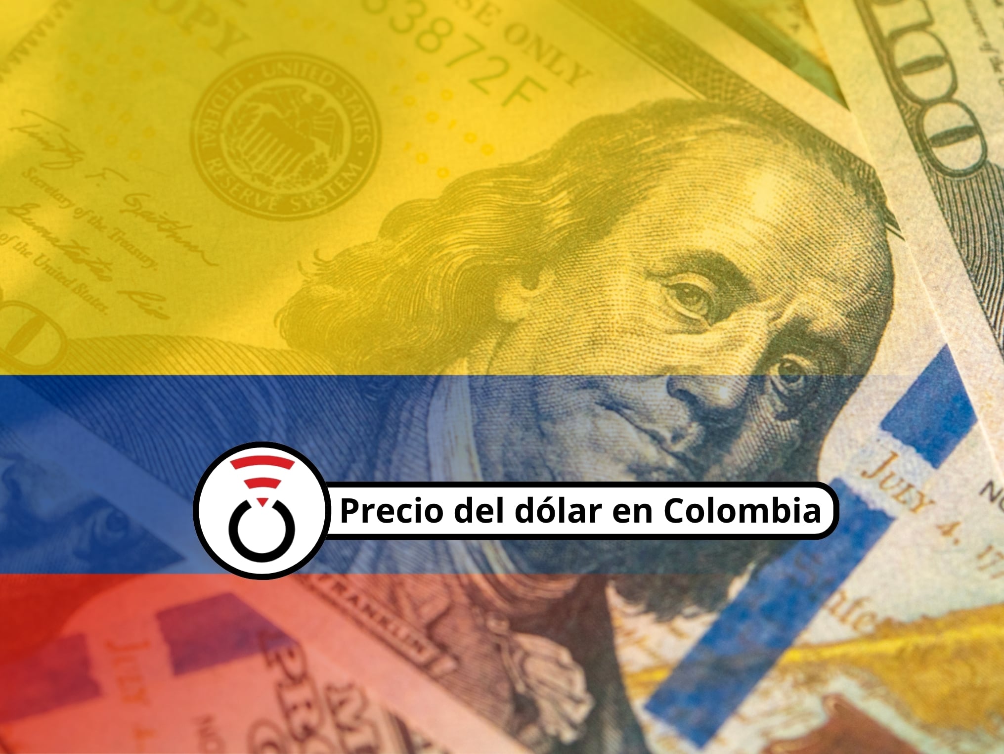 De fondo: Imagen ilustrativa del dólar estadounidense, tomando como referencia el billete de 100 dólares, en el que aparece Benjamin Franklin (Crédito: Getty Images) / Sobre la imagen, fondo traslúcido de la bandera de Colombia.
