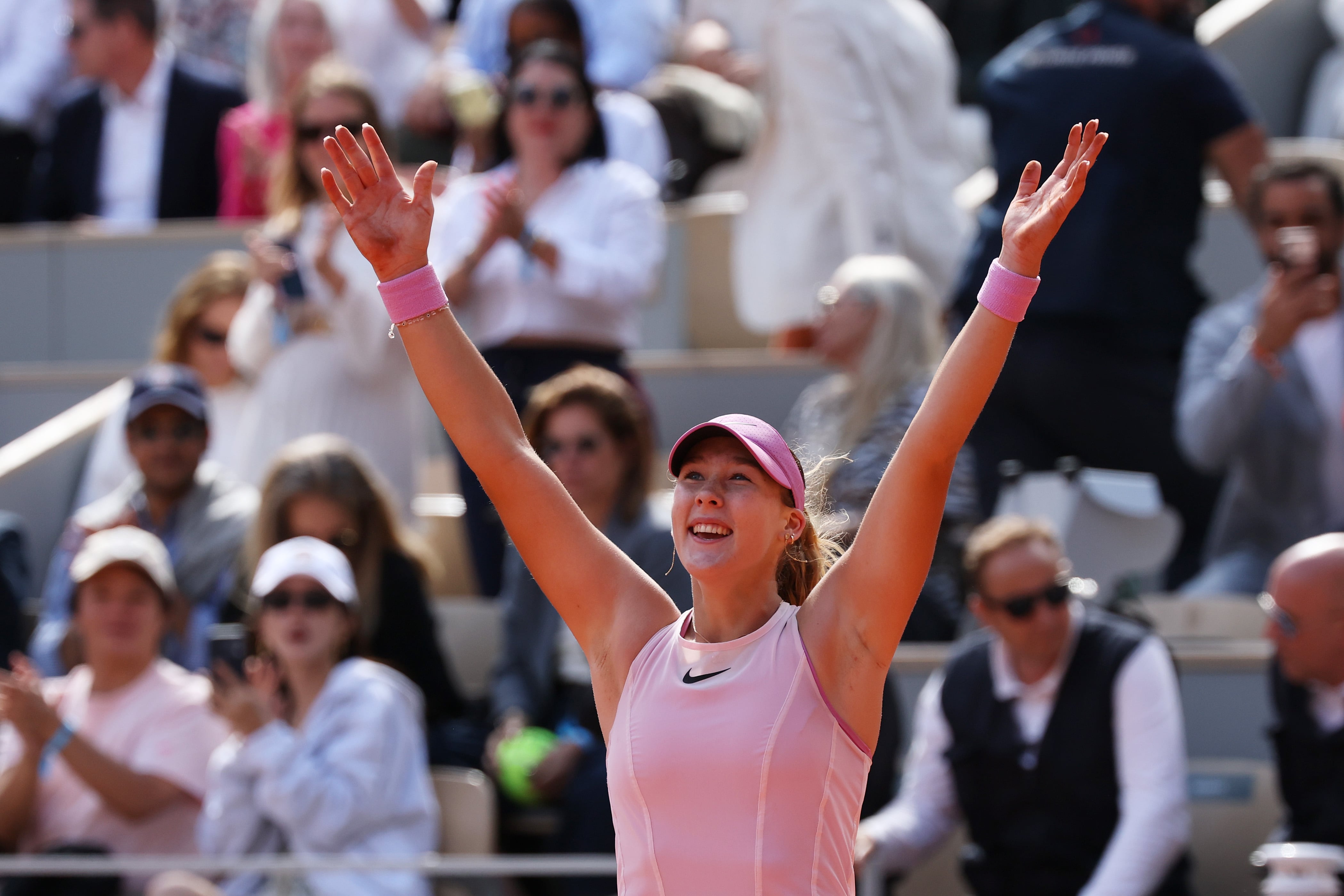 PARIS, FRANCE - JUNE 06: Mirra Andreeva celebrates match point against Maja Chwalinska of Poland in their Women's Singles final on Day Fourteen of the 2026 French Open at Roland Garros on June 06, 2026 in Paris, France. (Photo by Matthew Stockman/Getty Images)