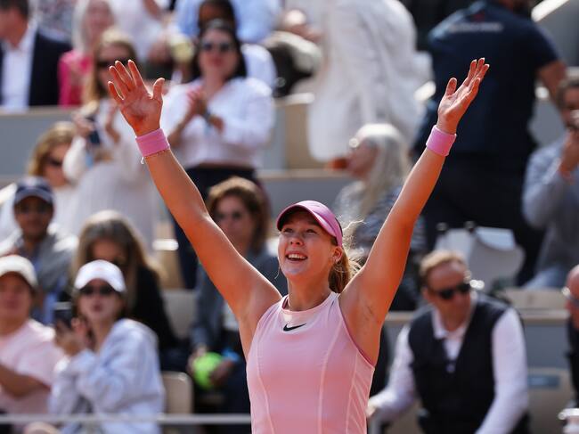 PARIS, FRANCE - JUNE 06: Mirra Andreeva celebrates match point against Maja Chwalinska of Poland in their Women's Singles final on Day Fourteen of the 2026 French Open at Roland Garros on June 06, 2026 in Paris, France. (Photo by Matthew Stockman/Getty Images)