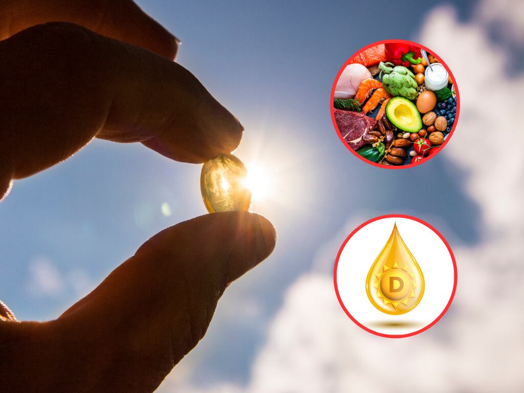 Vista hacia el sol, siendo cubierto con una cápsula vitamínica. de fondo un grupo de alimentos y una ilustración alusiva a la vitamina D. (Fotos vía Getty Images)