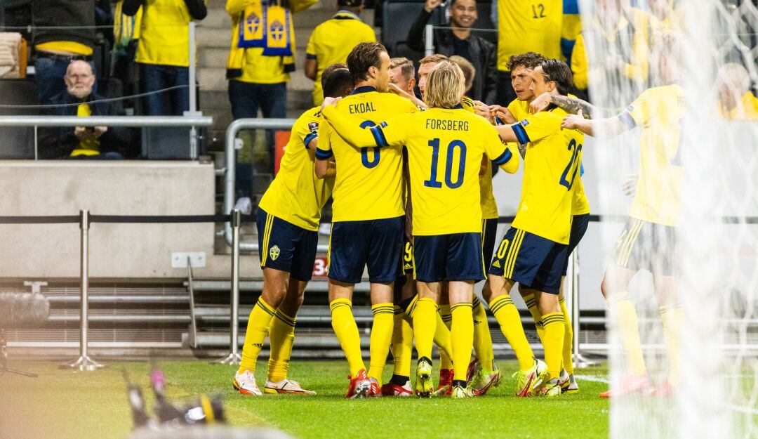 Los jugaores de Suecia festejan el gol del triunfo ante España.