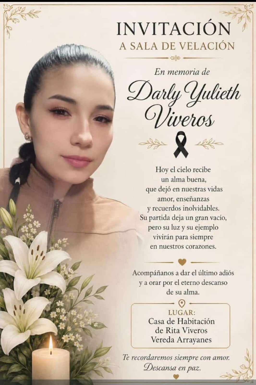 Pieza gráfica sepelio Darly Viveros. Foto: Cortesía