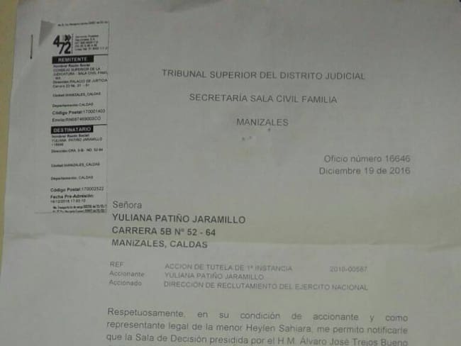 Orden judicial de desacuartelamiento para soldado manizaleño, por nacimiento de su hijo