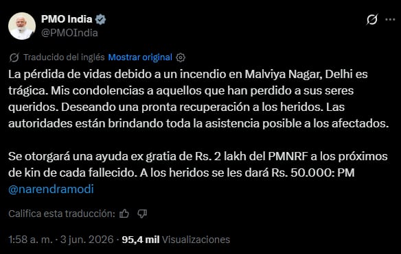 Captura de pantalla de la publicación de la Oficina del Primer Ministro de la India.