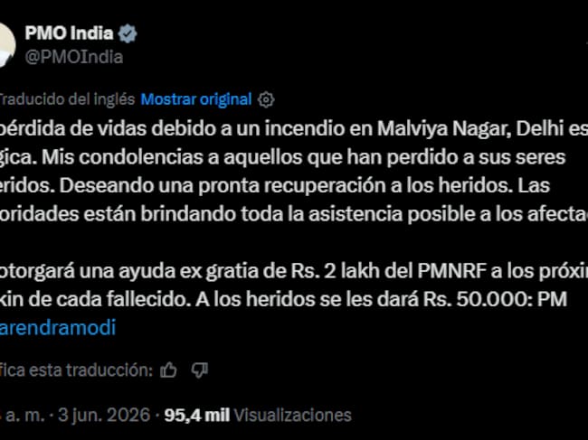 Captura de pantalla de la publicación de la Oficina del Primer Ministro de la India.