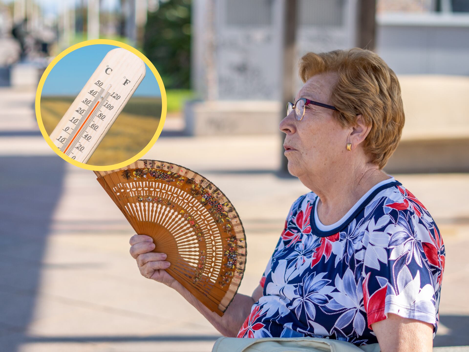 Mujer usando un abanico para el calor. En el círculo, un termómetro usado para medir la temperatura ambiente (GettyImages)