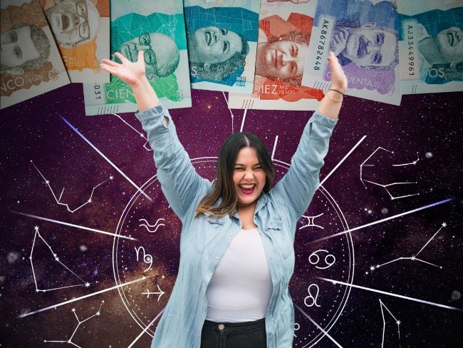 imagen de referencia // billetes colombianos // signos del zodiaco // mujer celebrando
