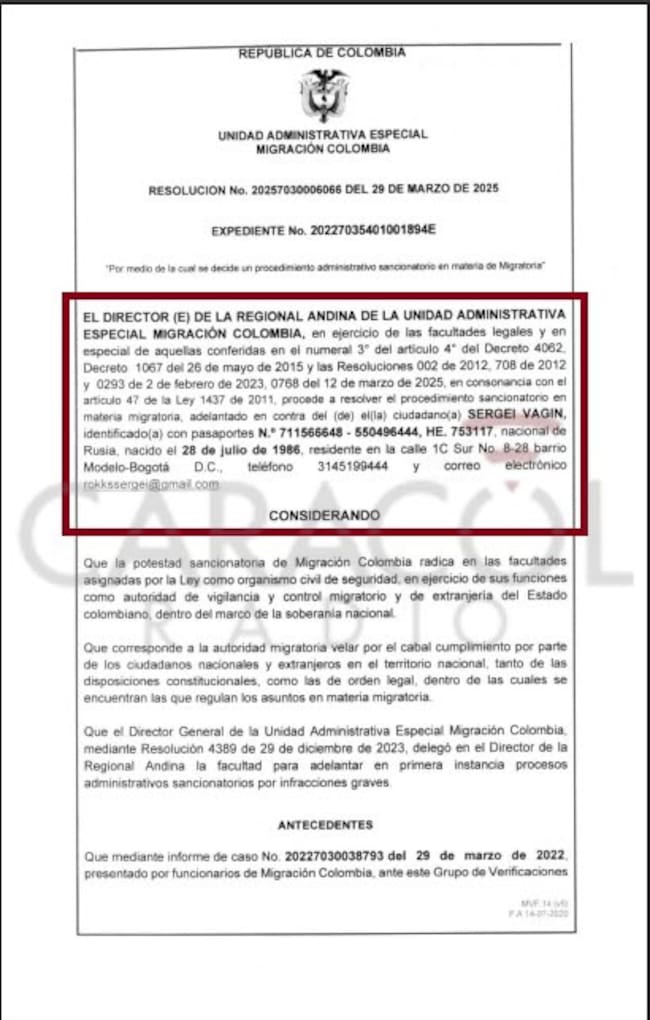 Migración Colombia expidió una resolución que ordena deportar al ciudadano ruso Sergei Vagin, la cual quedó en firme el 8 de abril de 2025.