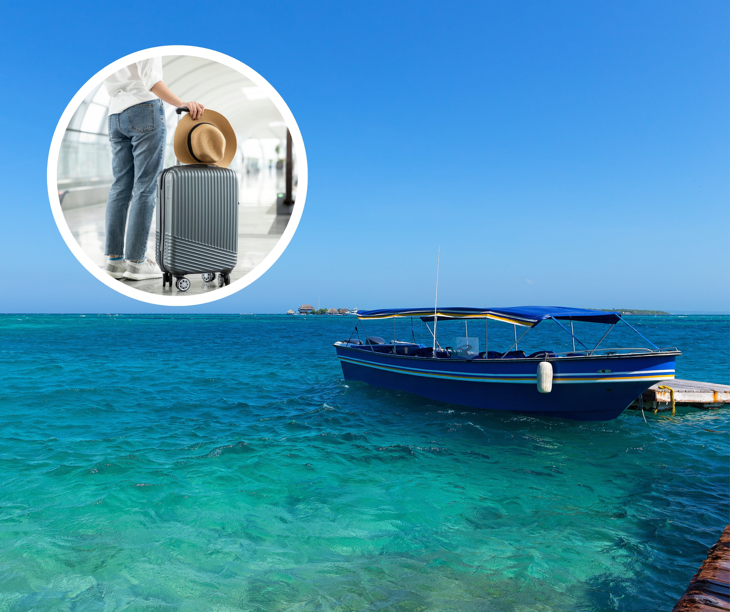 Islas del Rosario y persona con una maleta de viaje en el aeropuerto (Getty Images)