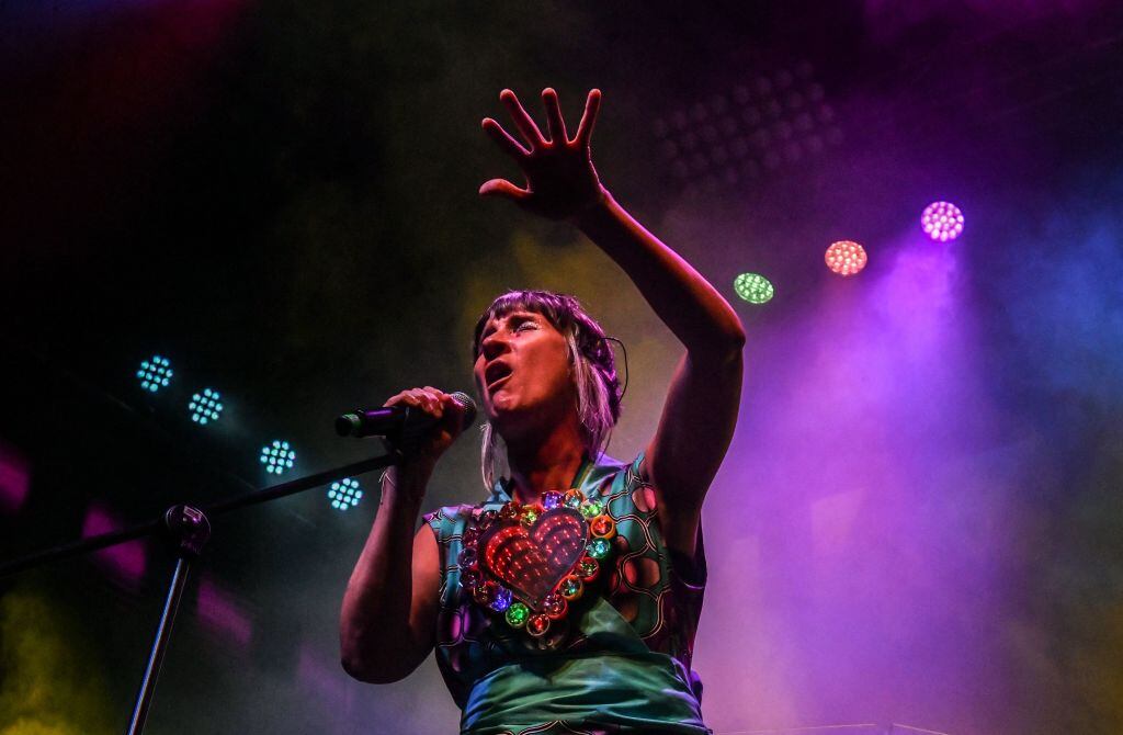 Colombian singer Andrea Echeverri from the band Aterciopelados performs during a concert in the framework of Medellin's Flower Festival -which runs until Agust 22nd- in Medellin, on August 13, 2021. (Photo by JOAQUIN SARMIENTO / AFP) (Photo by JOAQUIN SARMIENTO/AFP via Getty Images)