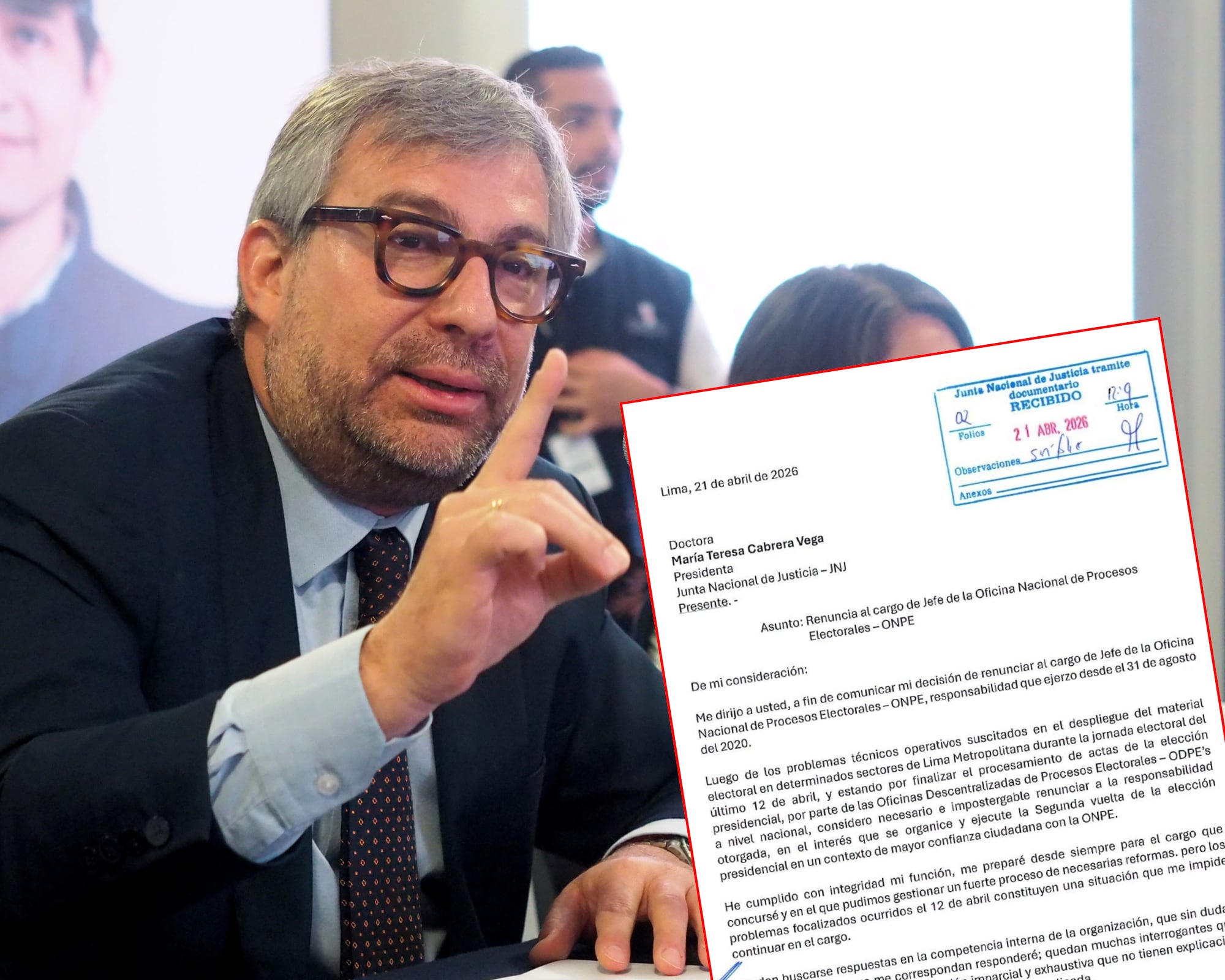 Piero Corvetto presentó la carta de renuncia asegurando que cumplió “con integridad” sus funciones y sugiriendo que su salida del cargo permitirá organizar una segunda vuelta presidencial con mayor confianza. 
(Foto:   Caracol Radio / Getty / Cortesía)