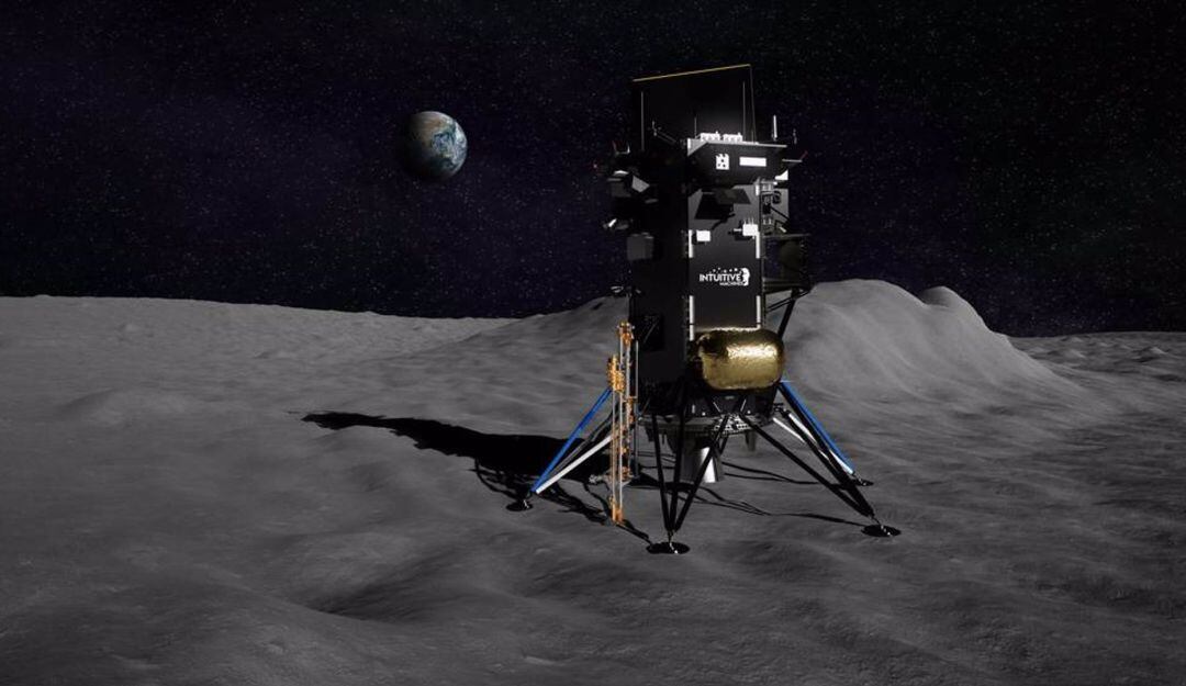Ilustración del módulo de aterrizaje Nova-C de Intuitive Machines con una representación del Experimento 1 de minería de hielo de recursos polares de la NASA 