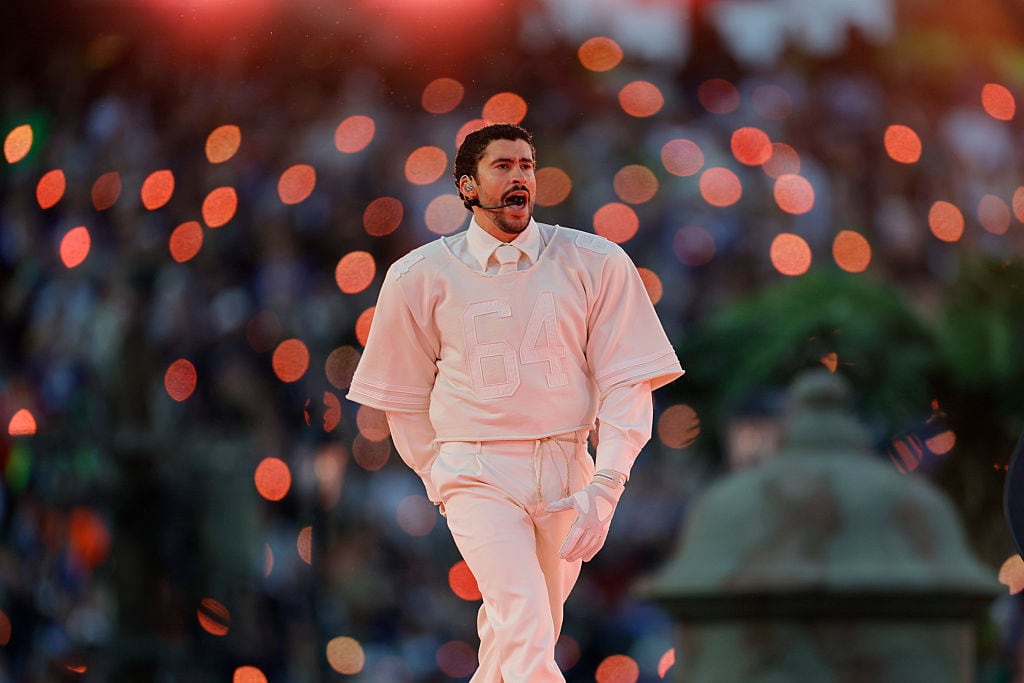 SANTA CLARA, CA - FEBRUARY 08: Bad Bunny performs the halftime show during the Seattle Seahawks versus the New England Patriots Super Bowl LX game on February 8, 2026, at Levi's Stadium in Santa Clara, CA. (Photo by Bob Kupbens/Icon Sportswire via Getty Images)