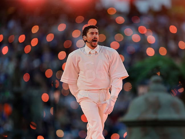 SANTA CLARA, CA - FEBRUARY 08: Bad Bunny performs the halftime show during the Seattle Seahawks versus the New England Patriots Super Bowl LX game on February 8, 2026, at Levi's Stadium in Santa Clara, CA. (Photo by Bob Kupbens/Icon Sportswire via Getty Images)