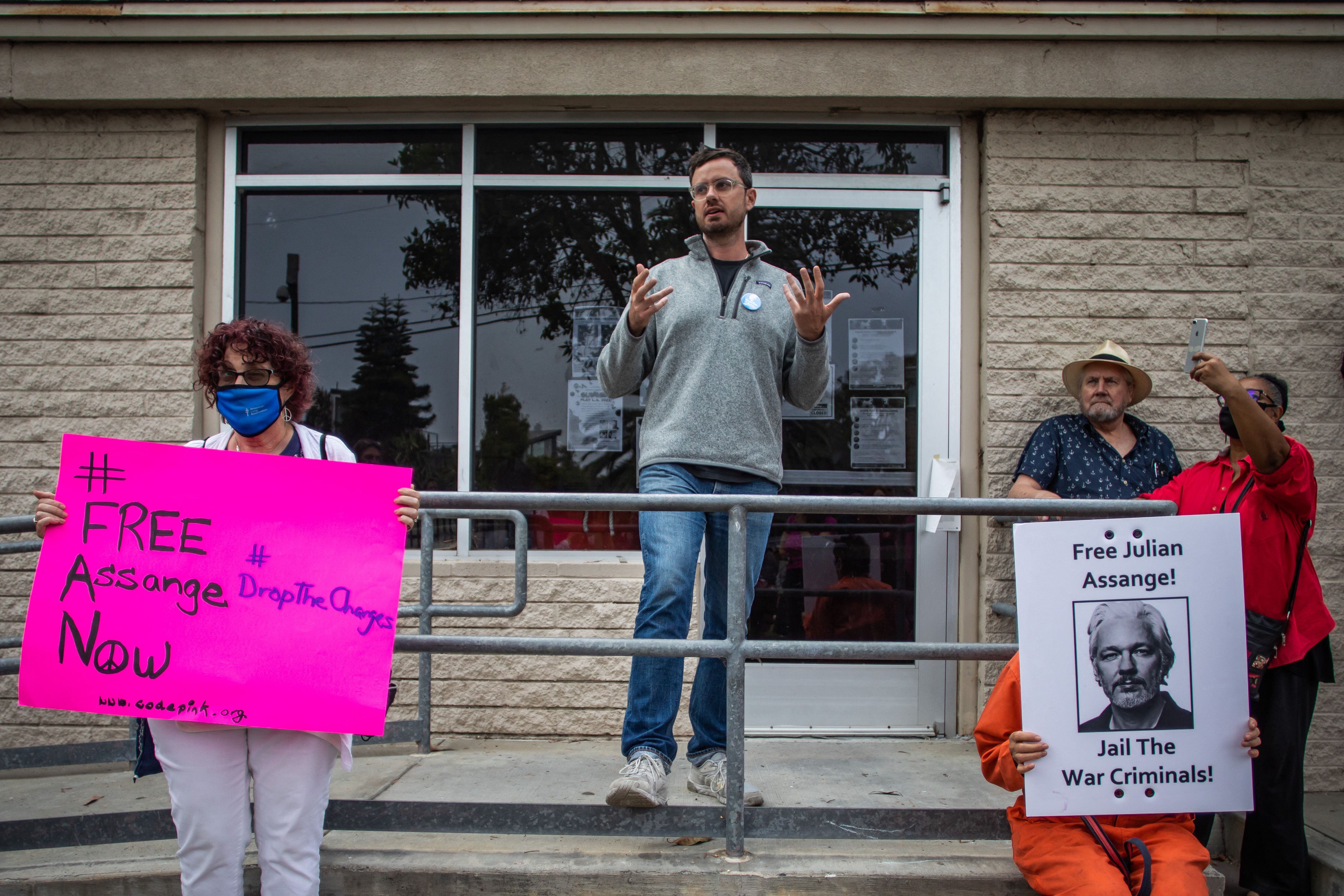 Julian Assange's half-brother, Gabriel Shipton, speaks during a "Free Julian Assange" rally in front of the Oakwood Community Center in Venice, California, on June 27, 2021, as part of a nationwide tour to raise awareness that Assange's case is a threat to freedom of the press. (Photo by Apu GOMES / AFP) (Photo by APU GOMES/AFP via Getty Images)