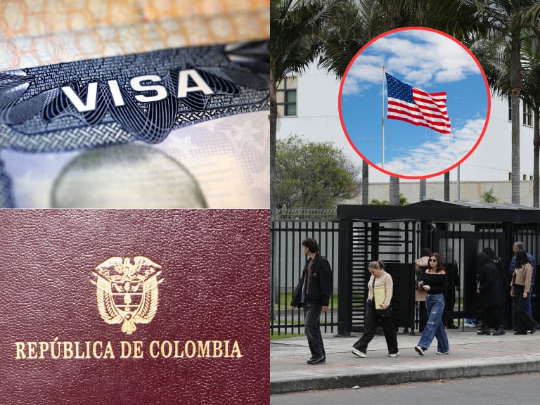 Embajada de Estados Unidos en Colombia, al lado un pasaporte colombiano, una visa y la bandera de Estados Unidos (Fotos vía Getty Images)