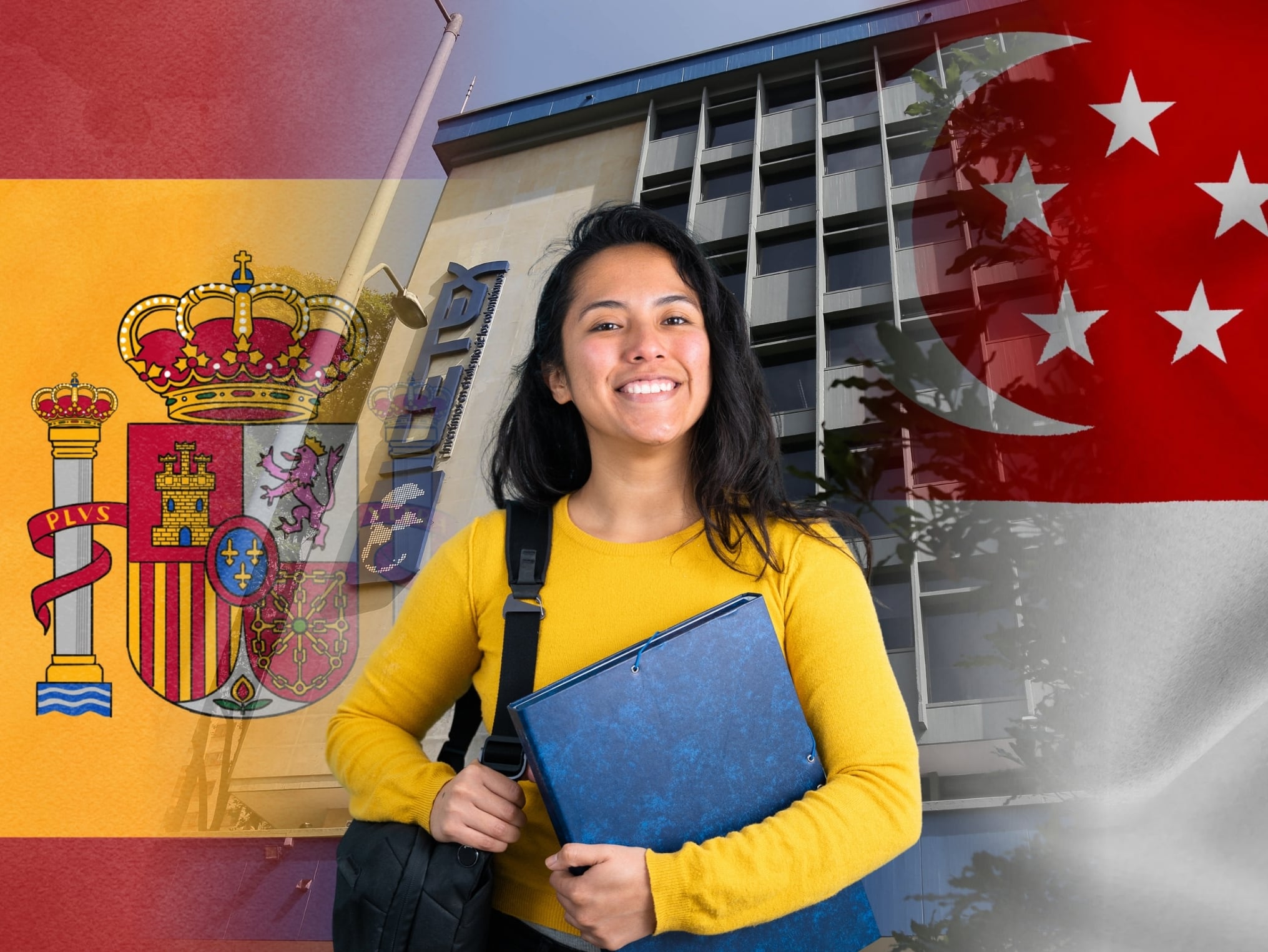 De fondo: Oficina del ICETEX (Crédito: Colprensa) / A la izquieda, la bandera de España mientras que a la derecha está la bandera de Singapur