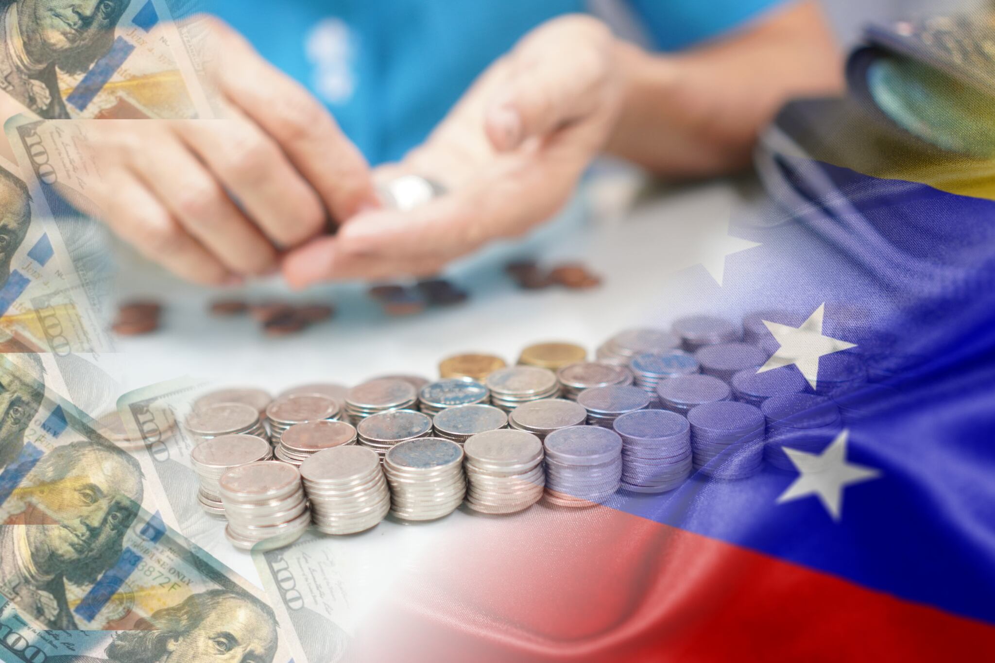 Imagen de las manos y las monedas tomada de Getty Imagenes (Autor: Penpak S.) // Imagen de los dólares tomada de Getty imagenes (Autor: Witthaya Prasongsin) // Imagen de la bandera de Venezuela tomada de Getty Imagenes (autor: Mariano Sayno)