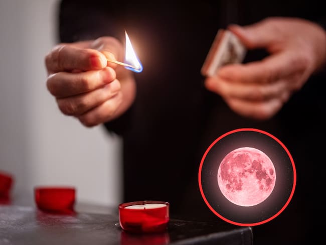 Persona encendiendo velas y de fondo una iustración de laluna rosa (Fotos vía Getty Images)
