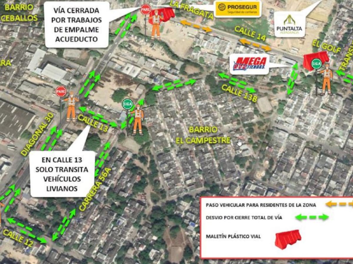 Cierres viales por trabajos de Acuacar en el barrio El Campestre y El Golf