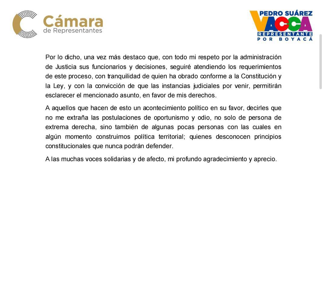 Comunicado emitido por el Representante a la Cámara por Boyacá, Pedro José Suárez Vacca.