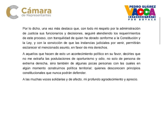 Comunicado emitido por el Representante a la Cámara por Boyacá, Pedro José Suárez Vacca.