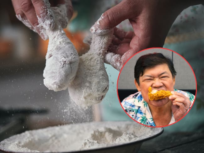 Persona preparando pollo frito / Mujer mordiendo un pollo frito (Getty Images)