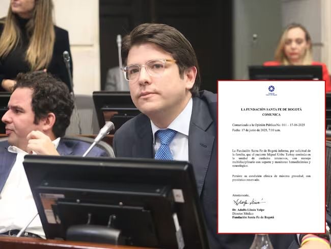 Miguel Uribe Turbay en plenario del Senado de Colombia y, al lado, comunicado de estado médico de él. 