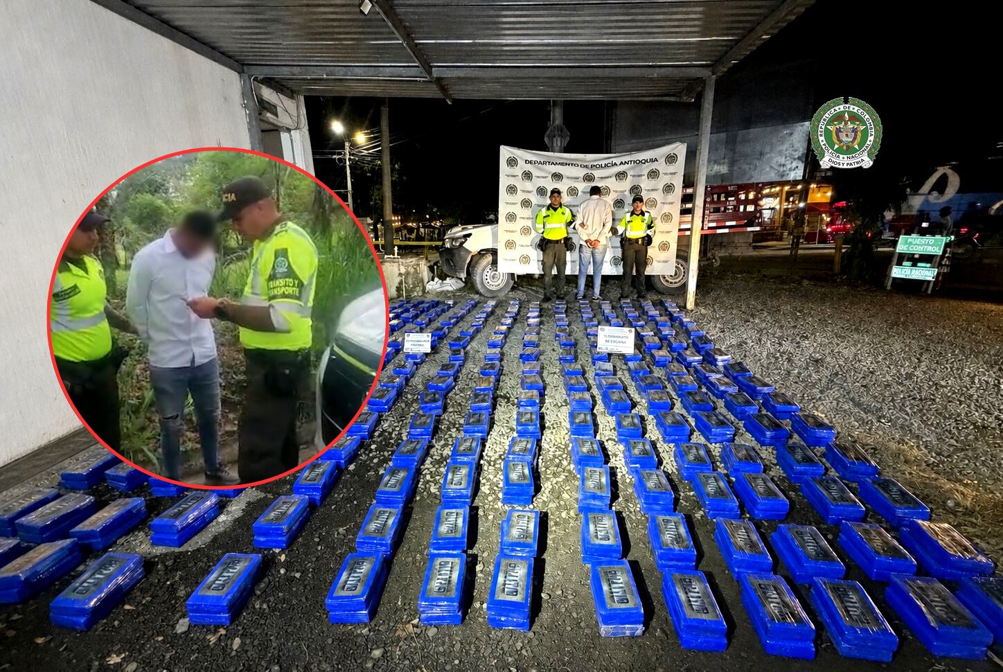 Autoridades incautan 448 paquetes de clorhidrato de cocaína en carretera de Antioquia. Foto: Policía Nacional.