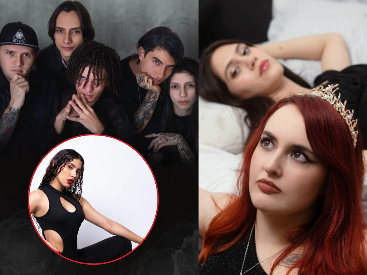 Banda Atavico (izquierda), GONIMA banda pop rock de Medellín (derecha) y Sihara, artista monteriana radicada en Medellín (círculo). Foto: cortesía. 