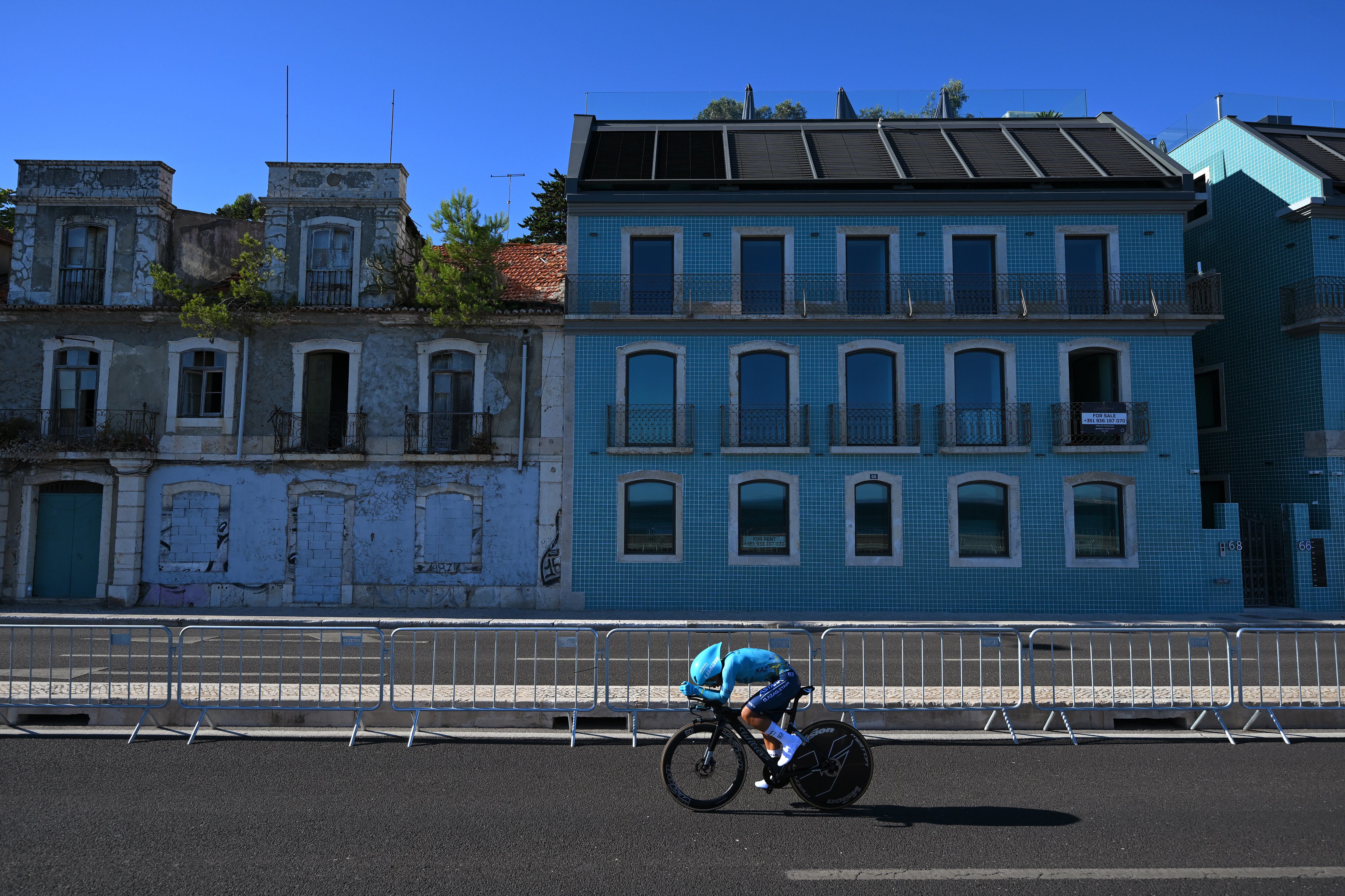 OEIRAS, PORTUGAL - AUGUST 17: Harold Tejada of Colombia and Team Astana Qazaqstan sprints during the 79th La Vuelta Ciclista a Espana 2024, Stage 1 a 12km individual time trial stage from Lisbon to Oeiras / #UCIWT / on August 17, 2024 in Oeiras, Portugal.  (Photo by Tim de Waele/Getty Images)