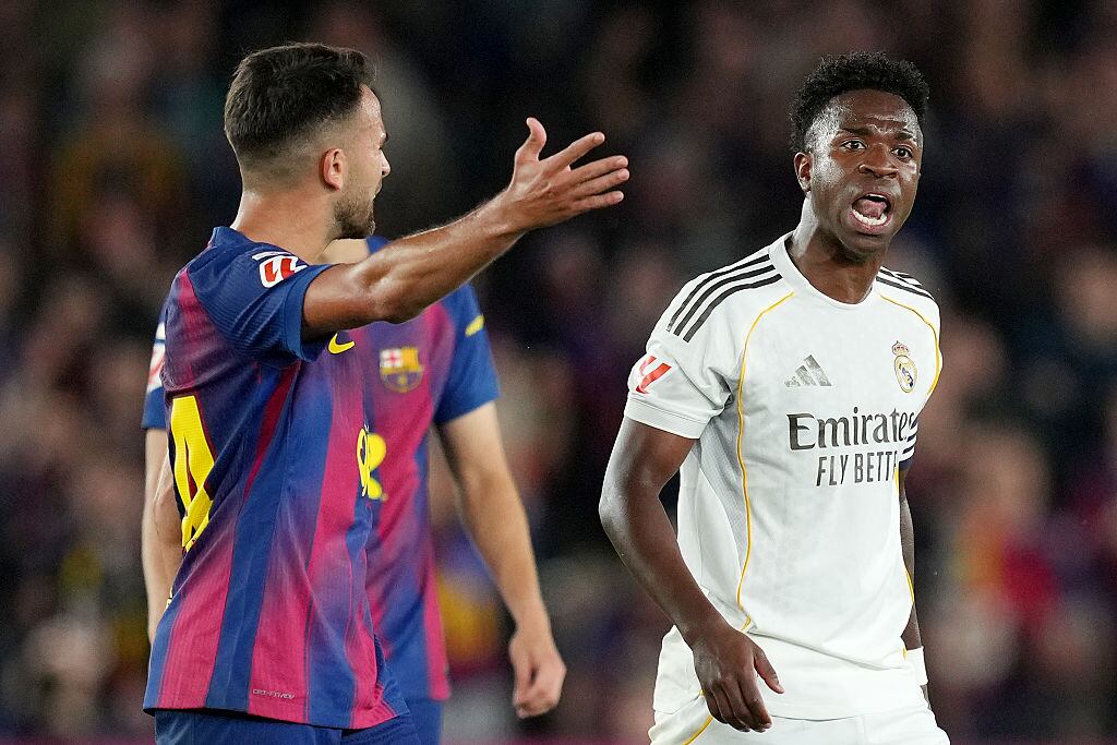 BARCELONA, SPAIN - MAY 10: Vinicius Junior of Real Madrid reacts during the LaLiga EA Sports match between FC Barcelona and Real Madrid CF at Spotify Camp Nou on May 10, 2026 in Barcelona, Spain. (Photo by Alex Caparros/Getty Images)