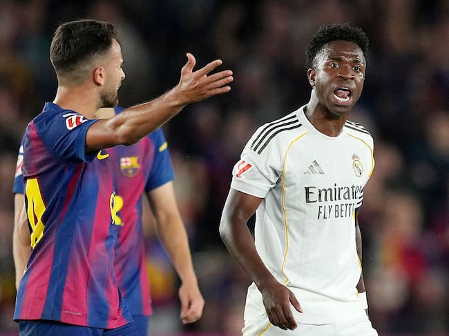 BARCELONA, SPAIN - MAY 10: Vinicius Junior of Real Madrid reacts during the LaLiga EA Sports match between FC Barcelona and Real Madrid CF at Spotify Camp Nou on May 10, 2026 in Barcelona, Spain. (Photo by Alex Caparros/Getty Images)