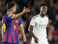 BARCELONA, SPAIN - MAY 10: Vinicius Junior of Real Madrid reacts during the LaLiga EA Sports match between FC Barcelona and Real Madrid CF at Spotify Camp Nou on May 10, 2026 in Barcelona, Spain. (Photo by Alex Caparros/Getty Images)