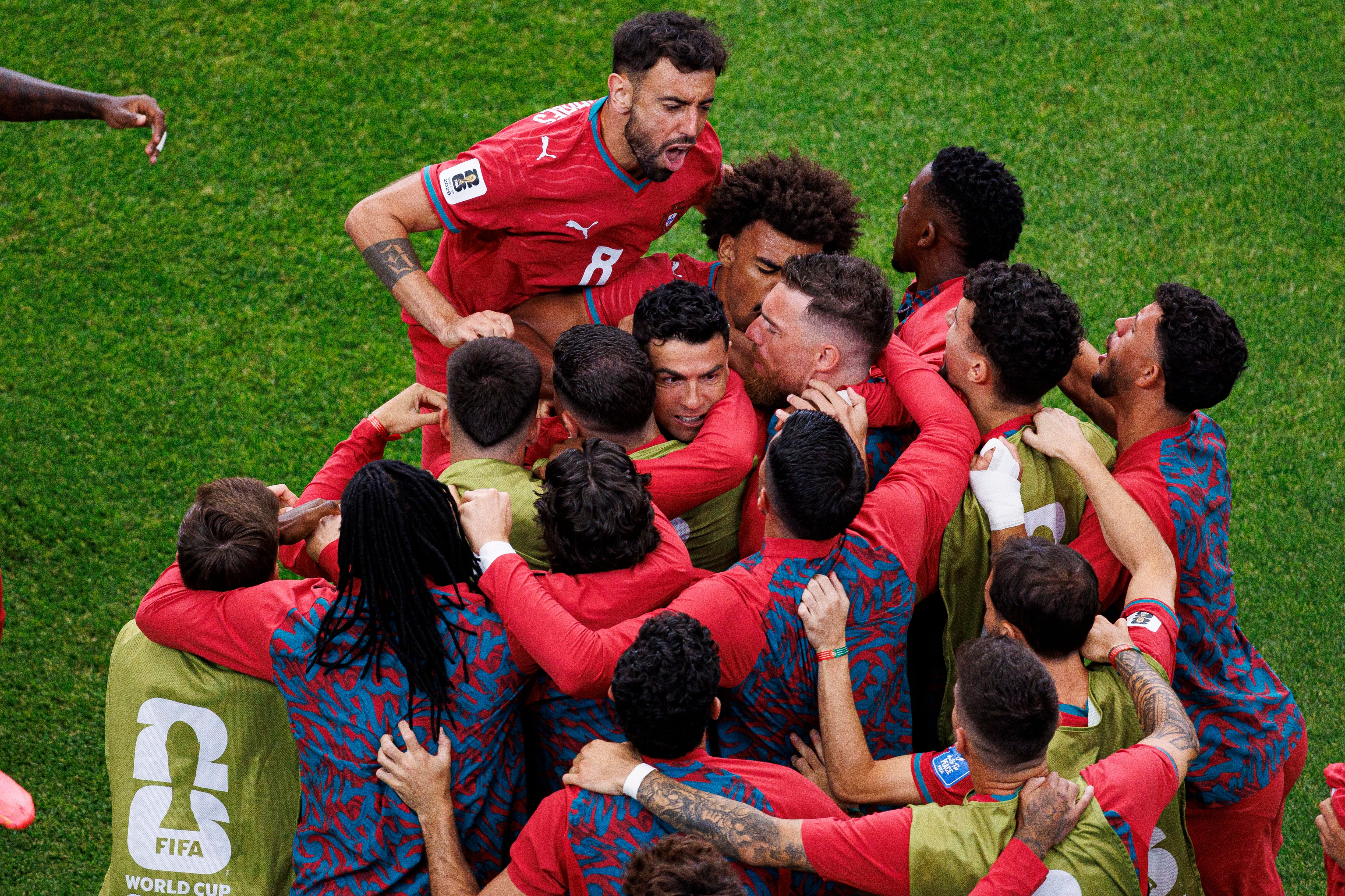HOUSTON, TEXAS - JUNE 23: Cristiano Ronaldo of Portugal celebrates his goal with teammates during the FIFA World Cup 2026 Group K match between Portugal and Uzbekistan at Houston Stadium on June 23, 2026 in Houston, United States. (Photo by Grzegorz Wajda/Eurasia Sport Images/Getty Images)